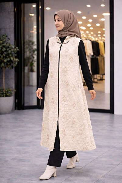 BKTEKSTİL BÜYÜK BEDEN KADIN FERMUARLI KAPİTONE TESETTÜR YELEK UZUN KAPÜŞONLU ...