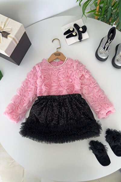 Minigimin Cicileri My Little Girl's Rose Detailed 2-Piece Set with Sequin Ski...