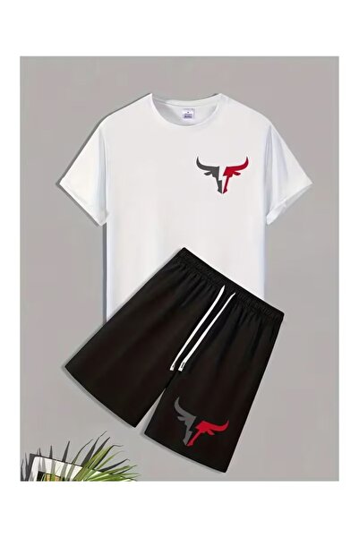 Massgai Unisex Design Bull Printed Oversized Short Sleeve T-Shirt Shorts 2-Pi...