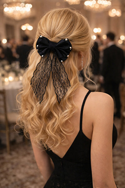 Ponpino Bayram Koleksiyonu Vintage Tasarım-Siyah Dantelli İnci Detaylı Fiyonk...