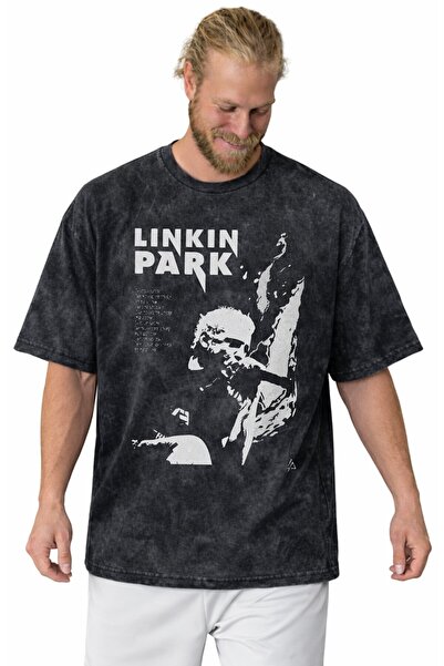 SEVBANO Tricou unisex oversize vintage spălat, cu imprimeu Design Linkin Park...