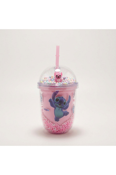 hediyeconcepti 500ml Stitch Figured Foam Bottle with Straw, Beaded Cups, Purp...