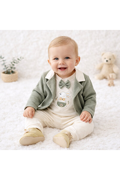 Happy Baby Butik Babyim %100 Pamuk Erkek Bebek Papyon Detaylı Ceketli 3'lü Takım