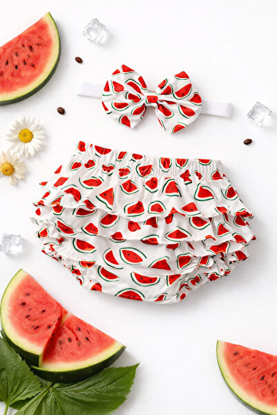 ues Kız Bebek Karpuz Desenli Fırfırlı Şort & Bandana Takım