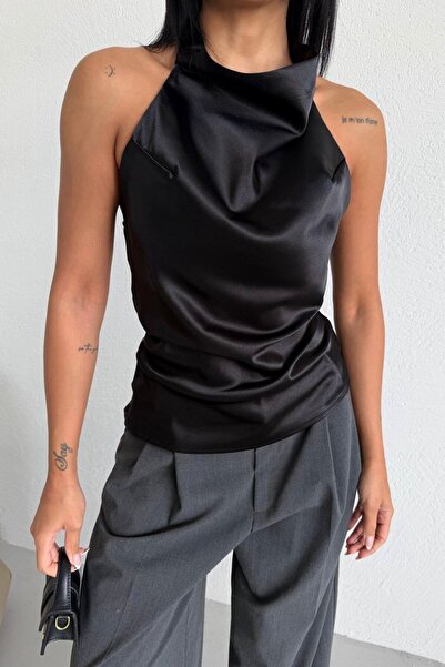 Varyete BLUZĂ DE DAMĂ CU GULER HALTER, CU SPATE DECOLTAT, DIN SATIN