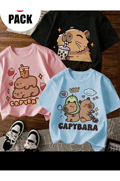 MAGORS CAPYBARA BASKILI PAMUKLU KISA KOLLU 3'LÜ PAKET GENÇ VE ÇOCUK TSHIRT