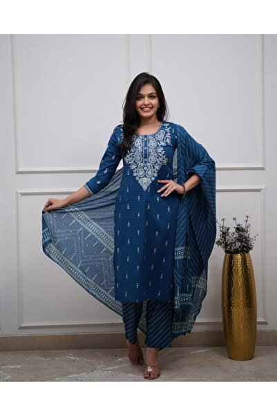 IndHeritage طقم كورتي فاخر من قطن الخالص باللون الأزرق الداكن، مكون من 3 قطع،...