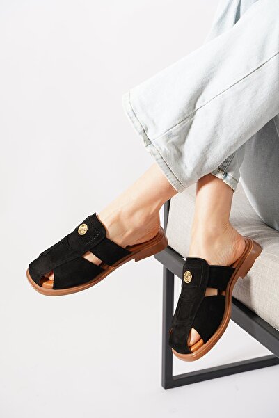 Moda Pie Yesrat Γνήσιο Δέρμα Καφέζια Με αγκράφα Γυναικεία Παντόφλες Μαύρα Σουέτ