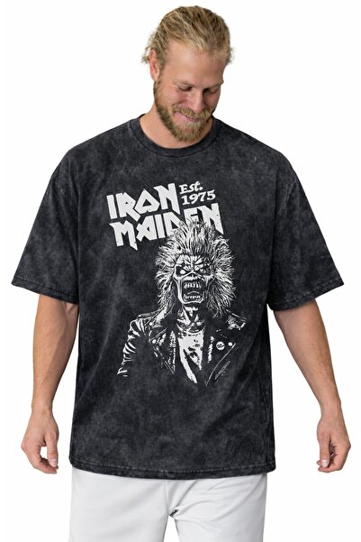 SEVBANO Tricou unisex oversize vintage spălat, cu imprimeu Iron Maiden Rock M...