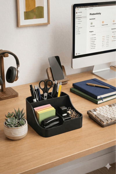 AA AHŞAP Desktop Office Organizer - Multi-Compartment Pen Holder and Note Holder Box - Black