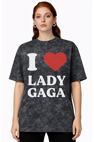 SEVBANO Tricou unisex oversize vintage spălat, cu imprimeu I Love Lady Gaga S...