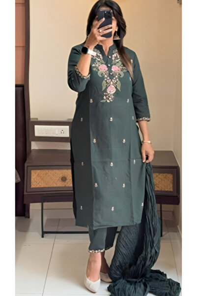 IndHeritage طقم كورتي فاخر من ثلاث قطع، بلون أخضر زجاجي، مصنوع من قطن الخالص،...