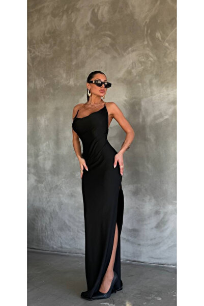 AURA MODİST Sırtı Altın Zincir Detaylı Derin Yırtmaçlı Maxi Elbise-M