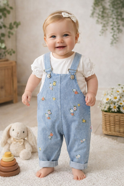 Baby Buu Çiçek nakışlı Denim kotlu kız Bebek Salopet Takımı Bahçıvan Bayramlı...