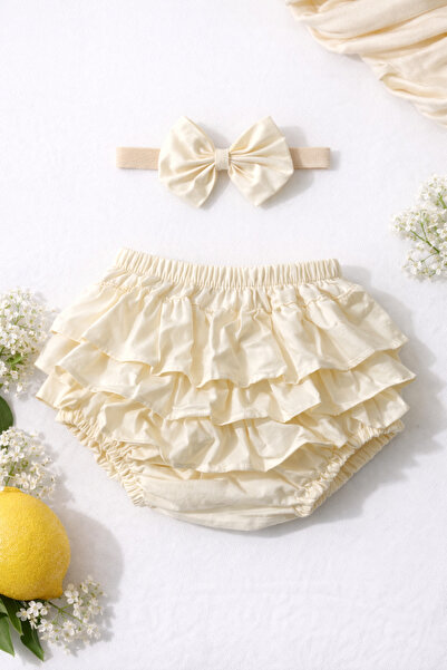 ues Kız Bebek Krem Fırfırlı Şort & Bandana Takım