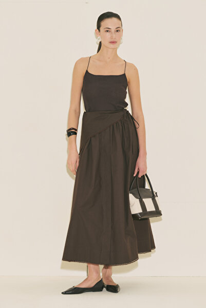 Manuka Buttoned Front Poplin Skirt Brown