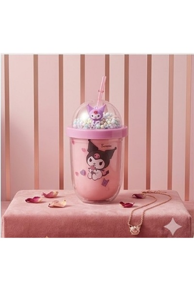 hediyeconcepti Kuromi & Friends 3D Figured Glittery Glass with Straw