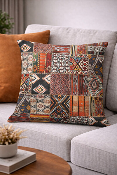 Swan Home Turuncu Renk Patchwork Desenli Kırlent Kılıfı SHKRL168