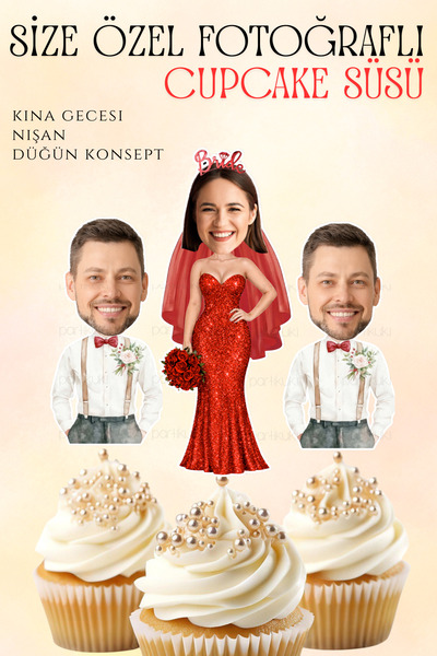 partikuki Kişiye Özel Fotoğraflı Kırmızı Kına Gecesi Cupcake Süsü Gelin Damat...