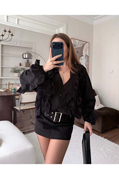 FERZOLAİO Ruffle Detailed Black Shirt