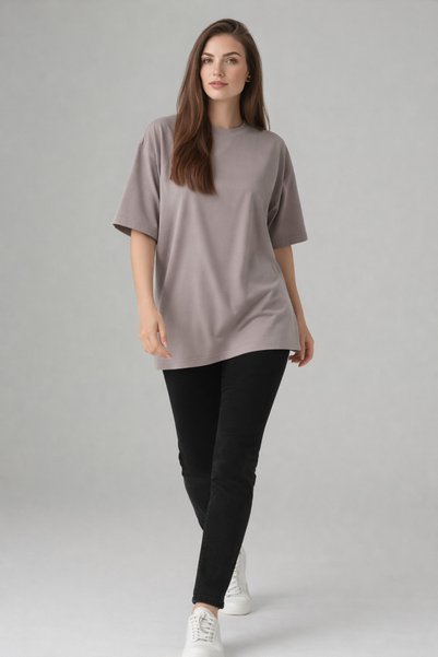 Enva Store Women's Oversized Fit Round Neck Modal Basic T-Shirt T-Shirt Beige