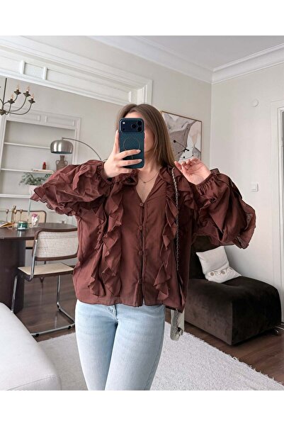 FERZOLAİO Brown Shirt with Ruffle Detail