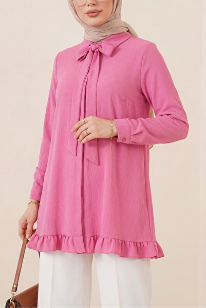 Modamorfo Ruffled Skirt Drawstring Waist Hidden Buttons Modal Tunic -Pink