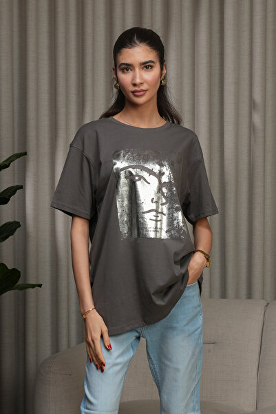 hendam 100% Cotton Printed Home T-Shirt - Grey