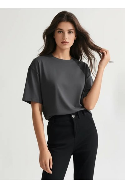 Enva Store Women's Thick-Textured Oversized Fit Round Neck Modal Basic T-Shirt Anthracite