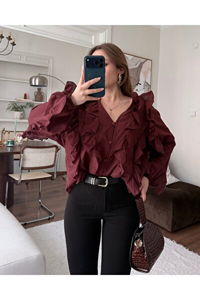 FERZOLAİO Ruffle Detail Burgundy Shirt
