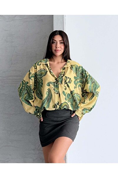 FERZOLAİO Yellow Green Paisley Patterned Oversized Shirt