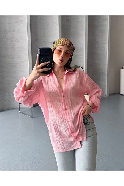 FERZOLAİO Oversized Linen Textured Pink Summer Shirt