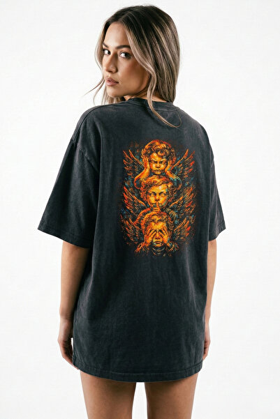 VOSSAX Unisex Siyah Üç Maymun Melek Tasarımlı Premium %100 Pamuk Oversize T-shirt