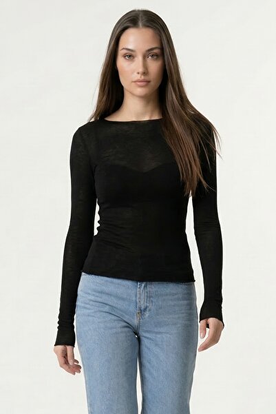 WOMAN VISION Elastic Transparent Soft Fabric Long Sleeve Black Blouse 116