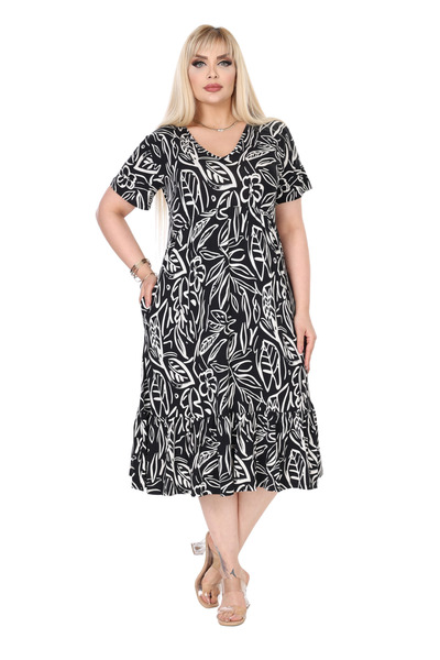 MELSAY Γυναικείο φόρεμα μεγάλου μεγέθους με λαιμόκοψη V, κοντό μανίκι και μαύ...