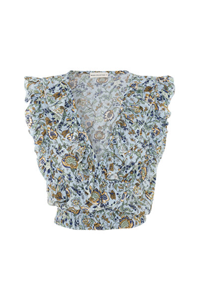 Mudo BASKILI FIRFIRLI DÜŞÜK KOL CROP BLUZ