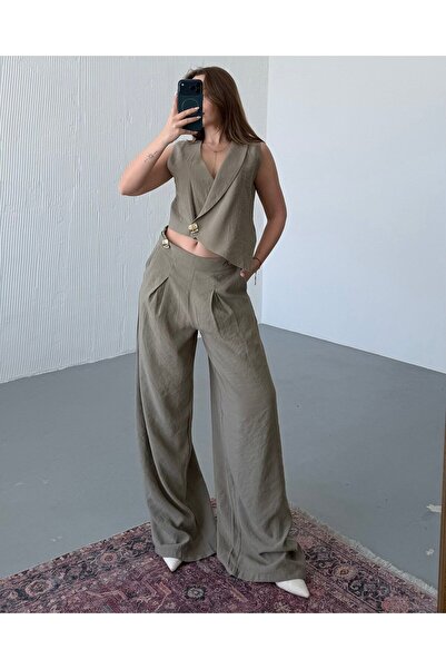 FERZOLAİO Asymmetrical Gold Buckled Khaki Vest Trouser Set