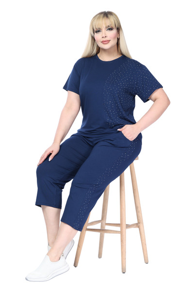 MELSAY Γυναικείο σετ κάπρι σε μπλε ναυτικό χρώμα, κοντομάνικο, με στάμπα μισή...