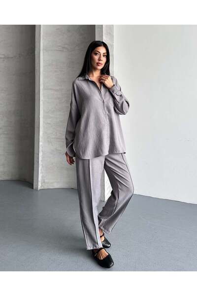 FERZOLAİO Gray Linen Shirt Pants Set