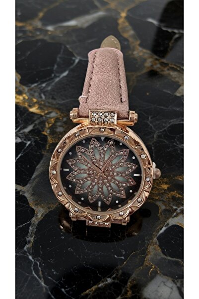 ahsenaksesuar2025 Rose Gold Zirkon Taşlı Çiçek Desenli Deri Kordon Quartz Kad...