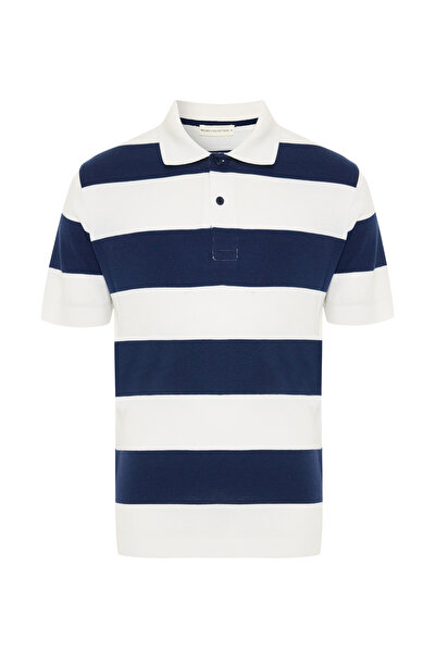 Mudo Men's Navy Blue Striped Polo Collar Short Sleeve Sweater