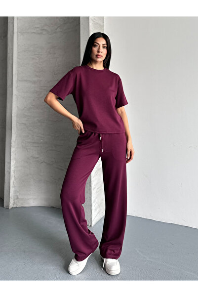 FERZOLAİO قصة ساق واسعة طقم بدلة رياضية باللون الأحمر الداكن