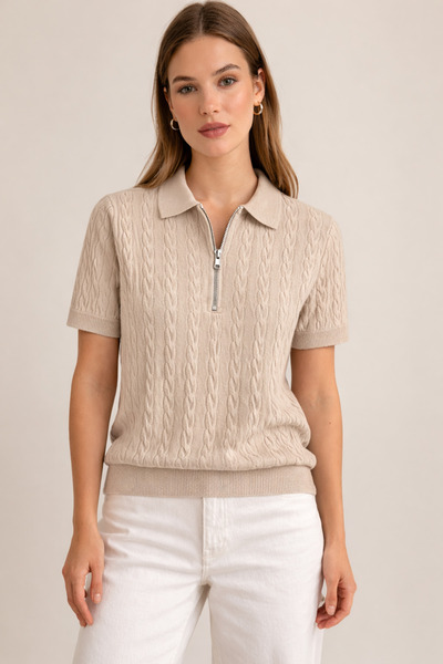 threeoff Women's Polo Collar Half Zipper Hair Knit Patterned Knitwear Blouse ...