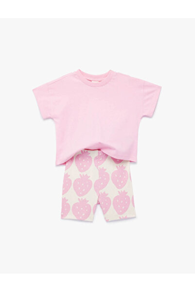 Koton Patterned Pink Baby Girl Top and Bottom Set 6Smg10026Ak