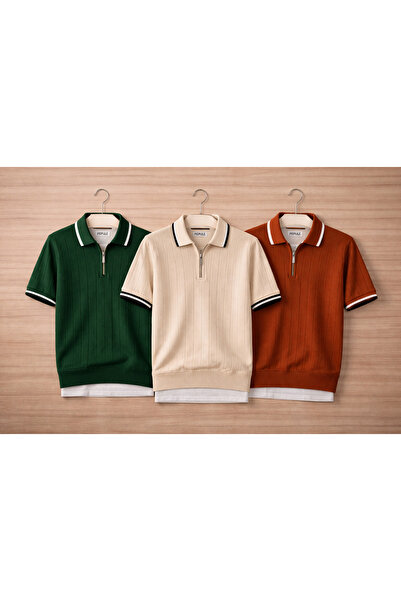 oneoff Set of 3 Men's Knitted Polo Collar Zippered T-Shirts Regular Fit Summe...