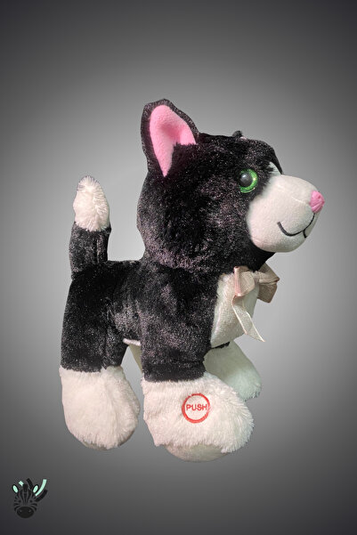 Sesli Şanslı Kedi Pelüş Oyuncak – Push Basınca Sesli,Siyah Beyaz,Kurdelalı,Yumuşak Dokulu