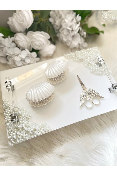 RESİNARTSHOP Epoksi Tepsi 4parça İncili Dikdörtgen Nişan Tepsi Seti gümüş