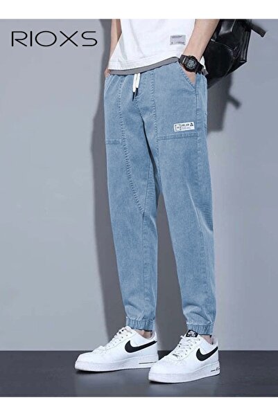 RIOXS Mens Tapered Denim Pants, Loose Fit Elastic Waist Drawstring Pants for ...