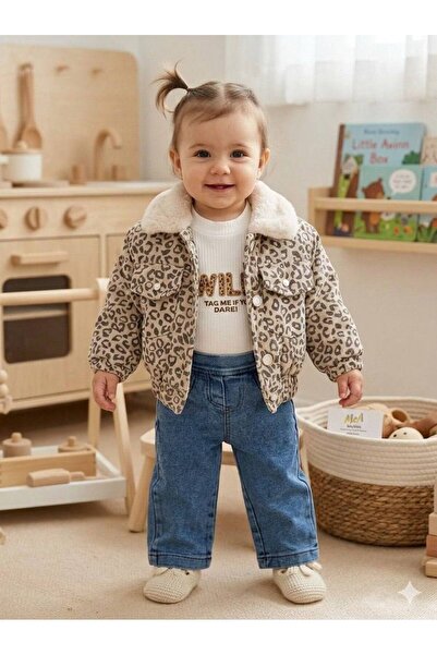 MeaShop Kız Bebek Leopar Desenli Kürk Yaka Ceketli Uzun Kol Tişört Kot Pantol...