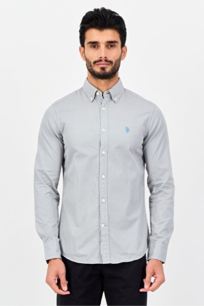 U.S. Polo Assn. Men Tailored Fit Embroidered Logo Long Sleeve Casual Shirt, Grey